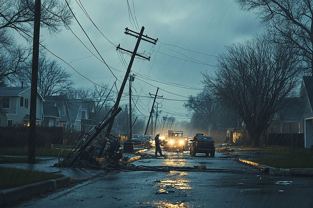 electrician restoring power stormy weather